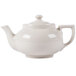 A Hall China ivory teapot with two handles on a white background.