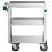 A Regency stainless steel utility cart with two shelves on a white surface.