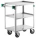 A white 20 gauge stainless steel utility cart with green wheels.