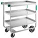 A Regency stainless steel three-shelf cart with wheels and U-channel handle.
