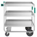 A silver metal Regency U-Channel cart with three shelves.