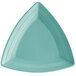 A close-up of a blue triangle-shaped Tuxton Concentrix china plate.