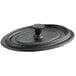 A black cast iron oval lid with a round handle.
