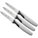 Three Mercer Culinary Millennia serrated paring knives with black handles and white blades.