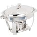 A silver stainless steel Vollrath Orion lift-off small oval chafer with a lid and a handle.