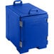 A blue CaterGator front loading insulated food pan carrier with handles.