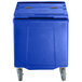 A blue plastic CaterGator mobile ice bin with wheels and a flip lid.