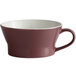 A matte mulberry porcelain soup mug with a white rim and a brown handle.