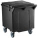 A black plastic CaterGator mobile ice bin with blue wheels.
