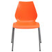 An orange plastic Flash Furniture stack chair with metal legs.