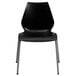 A black plastic Flash Furniture stack chair with silver metal legs.