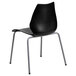 A black plastic Flash Furniture stack chair with metal legs.