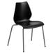 A black plastic Flash Furniture stack chair with metal legs.