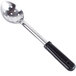 A stainless steel perforated spoon with a black handle.