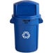 A blue Rubbermaid recycle bin with a recycle symbol on the lid.