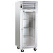 A white Traulsen G Series reach-in refrigerator with a right-hinged glass door.