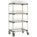 A white and blue MetroMax 4 mobile four tier rack with wheels.