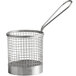 A Libbey stainless steel fry presentation basket with a handle and wire mesh.