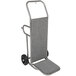 A gray and brushed stainless steel CSL Deluxe luggage cart with wheels and a handle.