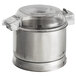 A stainless steel AvaMix food processor bowl with an "S" blade inside.