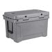 A grey CaterGator outdoor cooler with a lid and black handles.