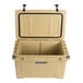 A tan CaterGator outdoor cooler with a lid open and black handles.