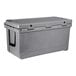 A gray CaterGator outdoor cooler with a black lid and black strap.