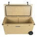 A beige CaterGator outdoor cooler with wheels.