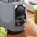 A person using an AvaMix commercial blender to blend green fruit.