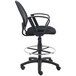 A black drafting stool with black mesh seat and back and armrests.