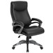 A Boss black leather office chair with arms and a chrome base.