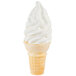 A white ice cream cone with a white swirl on top filled with Chef's Companion vanilla soft serve.