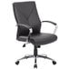 A Boss black leather office chair with chrome arms.