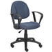 A Boss blue tweed office chair with black arms.