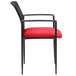 A black and red Boss stackable guest chair with arms and a red mesh cushion.