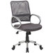 A charcoal gray office chair with a mesh back and metal frame with casters.