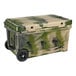 A green and tan CaterGator outdoor cooler with wheels and a lid.