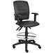 A Boss black leather drafting stool with adjustable arms and a chrome base.