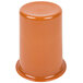 A terra cotta cylindrical flatware holder with a lid.