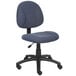 A Boss blue tweed office chair with wheels and a black base.