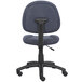 A back view of a blue Boss office chair with wheels.