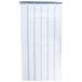A white curtain with blue stripes hanging on a window.