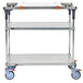 A Metro PrepMate MultiStation, a metal three-tier cart with blue wheels and galvanized shelves.