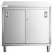 A white stainless steel cabinet with two sliding doors.