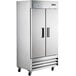 An Avantco stainless steel reach-in freezer with black handles.