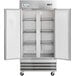 An Avantco stainless steel reach-in freezer with two solid doors open.