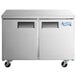 An Avantco undercounter freezer with a stainless steel exterior on wheels.