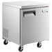 An Avantco stainless steel undercounter refrigerator with a door on wheels.