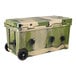 A CaterGator camouflage outdoor cooler with wheels.