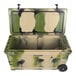 A white and camouflage CaterGator outdoor cooler with wheels and a lid.